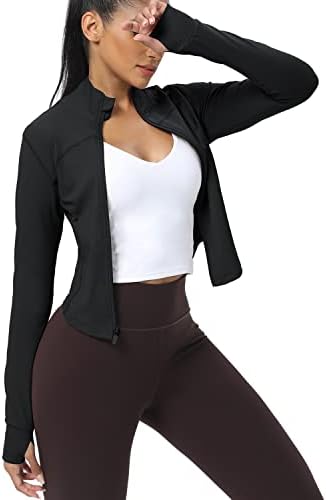 Avgo Women's Crop Excorrer Jackets de treino Zip Slim Fit Athletic Tops com orifícios de polegar