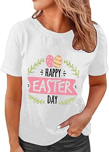 Camisas de Páscoa feliz de grande tamanho para mulheres, ovos impressos de letra impressos camisetas gráficas de manga curta