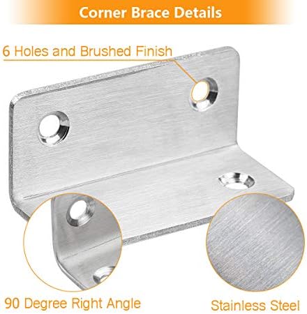 PCS Sliver Corner Brace, aço inoxidável 60mm x 25mm x 25mm de serviço pesado L para móveis, canto de aço de aço da prateleira