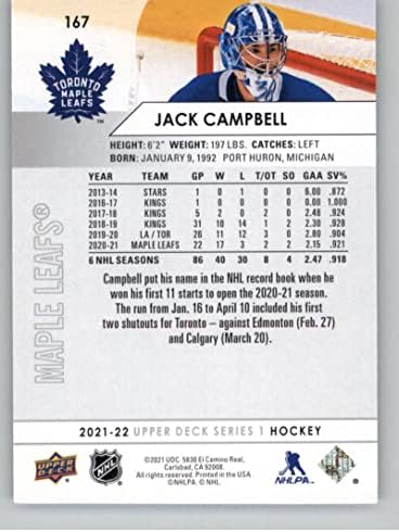 2021-22 Deck superior 167 Jack Campbell Toronto Maple Leafs Série 1 NHL Hockey Base Trading Card