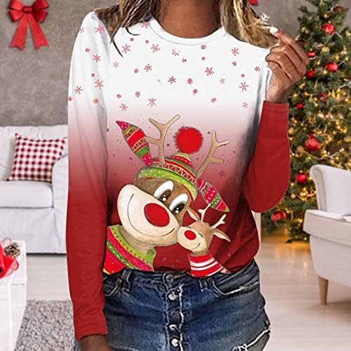 Feliz Natal Tops de Natal feminino 3D de veado impresso Casual de manga longa Camiseta do pescoço redondo XMAS_TOPS