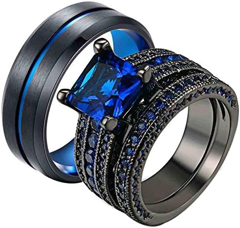 Ringcrown Casal Rings Black Gold Princess Cut Cut Blue CZ Anel de casamento feminino Conjuntos de casamento Man Tungsten Banda de