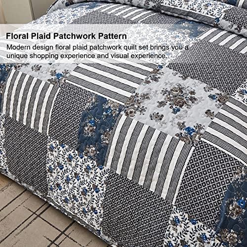 Drucon Floral Patchwork Quilt Conjunto King 3 Peças Boho Quilt com 2 Shams de travesseiro, colcha de quadra xadrez cinza