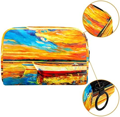 Bolsa de maquiagem tbouobt bolsa de bolsa cosmética bolsa bolsa com zíper, pintura a óleo na beira -mar barcos