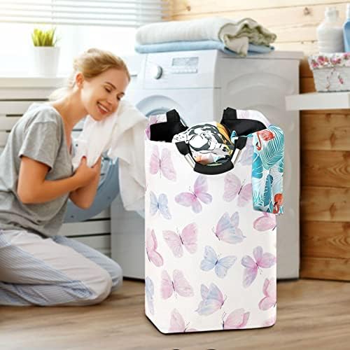 Kigai Pink Butterfly 50L Cestas de lavanderia grandes, cesto de roupa dobrável com alças, organizador de bolsa de roupas