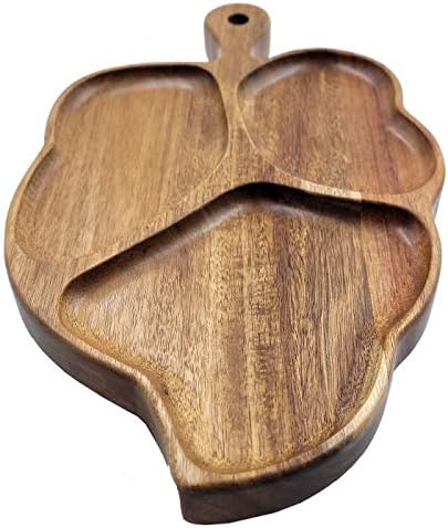 La Mongoose Acacia Wood Folhas Folhas Platter 14 x 9 com ranhuras e alça. Lanche de luxo paddle grande bandeja reversível