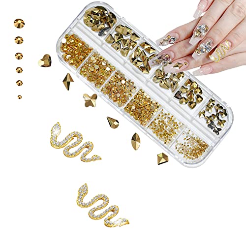 Ouy Gold unhas strass para mulheres meninas, 2 peças em forma de cobra amuletos de arte com strass, unhas lisadas redondas