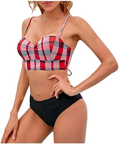 Mulheres Crisscross High Waisted Bottom Bikini Conjunto de duas peças Tankini tankini estampa xadre