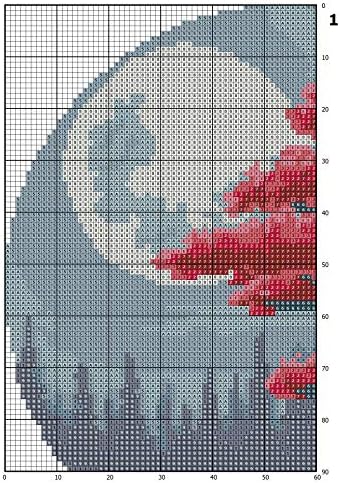 Cross Stitch Patterns PDF, Red Tree Landscape Cross Stitch Pattern, Nature Moon Fácil Moderno Cruzado Cruzado Para iniciantes, os