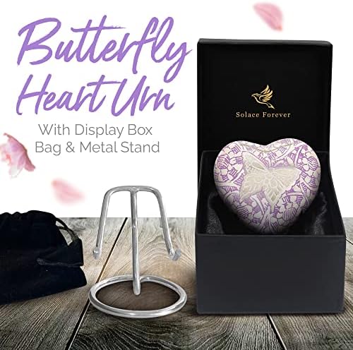 Butterfly Heart Urn - Coração roxo Urna para cinzas humanas com suporte e caixa - urna roxa - Honra seu ente querido com mini