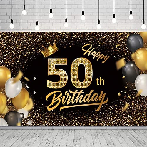 Feliz 50º aniversário decorações de faixas de aniversário preto e ouro de 50 anos de festa de 50 anos de festa de