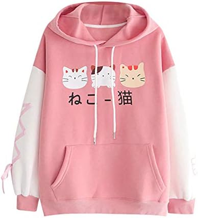 Hoodies para moletom de moda feminina gatos de bolso imprimido de manga longa com capuz fino