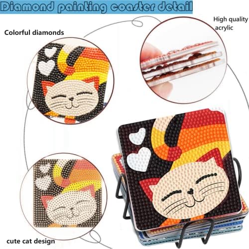 6pcs 5d Diamond Painting Coasters com suporte, montanhas -russas de gatos DIY com almofadas de backing de cortiça para mesa
