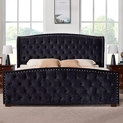 Luxoak King Platform Bed Frame com cabeceira de ala, moldura de cama estofada de veludo com botão artesanal Tuffed & Nailhead,