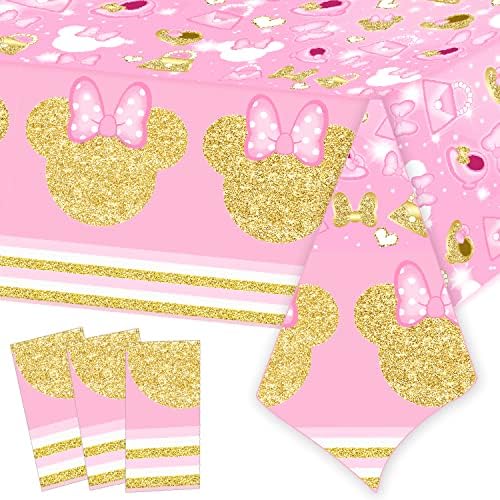 Bigkeoki Minnie Birthday Party Supplies Rosa e Gold Cartoon Mouse Decorações de aniversário para meninas incluem brilho de bandeira