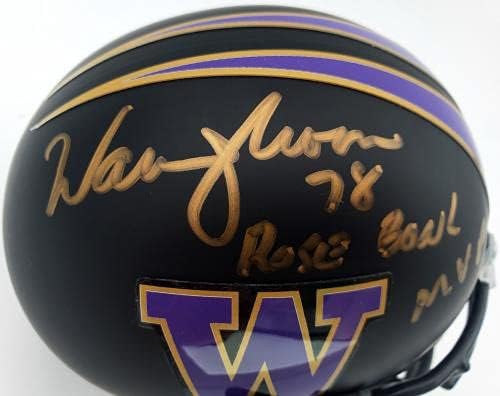 Warren Moon autografou Washington Huskies Mini capacete preto fosco 78 Rose Bowl MVP MCS Holo Stock 128014 - Mini capacetes