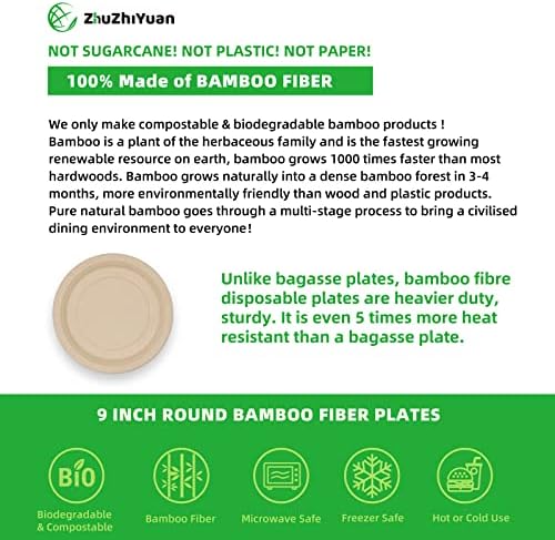 Placas descartáveis ​​compostáveis ​​Zhuzhiyuan, [100 pacote] 9 polegadas de fibra de bambu Placas de parte descartável