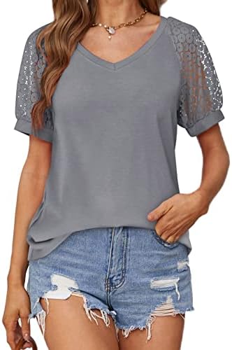 Camisa longa feminina feminina renda de manga curta Bloups V Camiseta de pescoço Tops casuais casuais