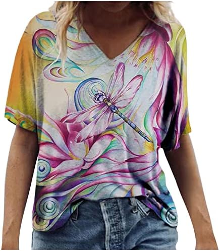 Narhbrg Summer 3/4 Camisas de manga Túdos de túnica feminino garotas fofas camisetas estampas de desenho animado Camisa redonda