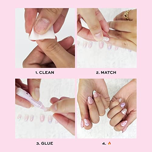 Pressione glamnética em unhas - redemoinho rosa e verde groovy | Unhas de amêndoa médio brilhante e opacas, kits de unhas reutilizáveis