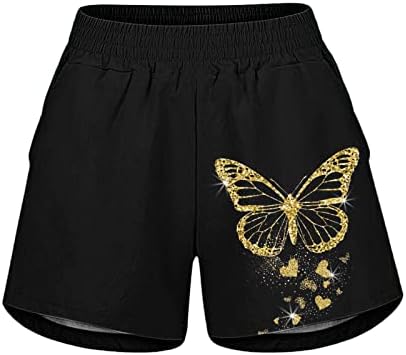 Shorts xxbr para mulheres verão, feminino casual butterfly impressão de cintura elástica shorts de bolso de praia shorts de