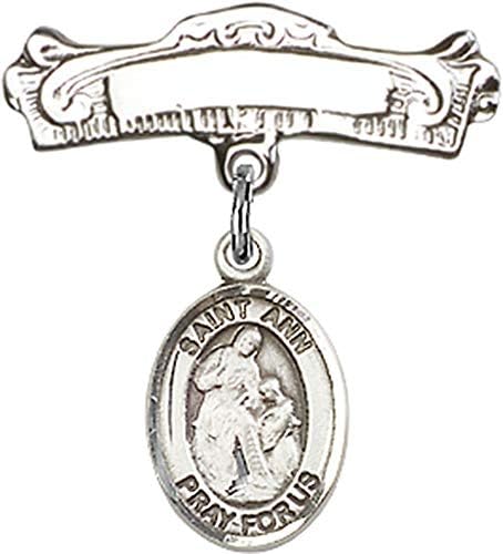 Rosgo para bebês de obsessão por jóias com St. Ann Charm e Arched Polded Badge Pin | Distintivo para bebês de prata esterlina