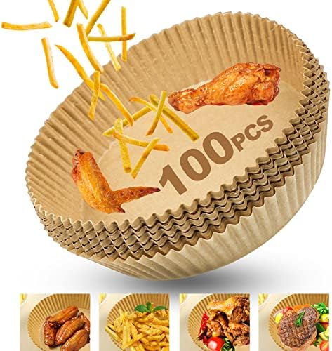 100 PCS Air Fryer Disputável Datursable Dreino, Liners de fritadeiras de grau alimentar redondos, papel de manteiga de fritadeira