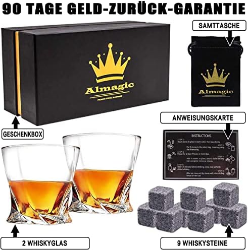 Conjunto de presentes de uísque almagico - pacote de 2, 12 oz de óculos de uísque com 9 pedras de uísque e bolsa de veludo, cubos