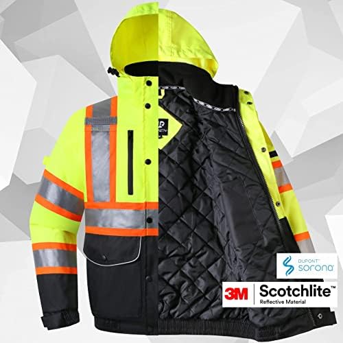 JKSafety 10 bolsos Hi-Vis Jaqueta de bombardeiro de inverno refletiva de 3M de água | Fundo preto amarelo neon | Ipad seguro