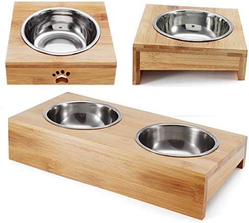 Non Slip Double Bowls Double Dog Cat Puppy Food Bowl Bowl Alimentador de alimentação de madeira - Madeira -