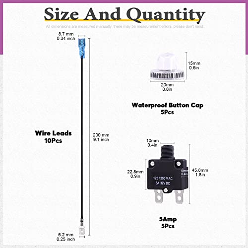 SWPEET 20pcs 5amp Disjuntor de circuito térmico com 19cm de 6,3 mm Terminais de pá de arame Terminais e kit de tampas de