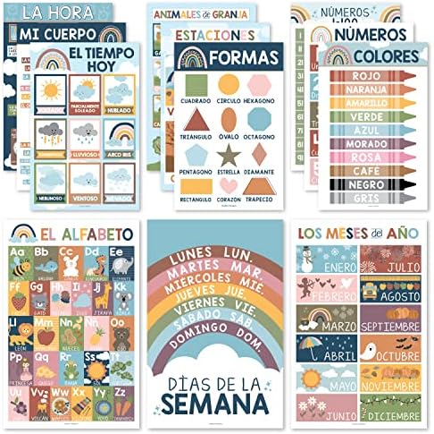 12 pôsteres espanhóis boho para decorações em sala de aula para professores de pré -escola - pôsteres de aula espanhol de aula,