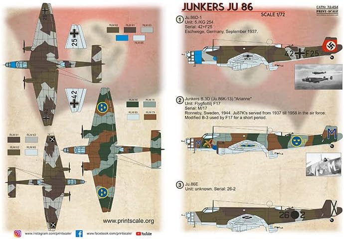 Escala de impressão PRS72-454 - 1/72 Junkers Ju 86 Decalques úmidos para modelo de aeronave