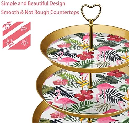 Bolo Stands Conjunto de 3, Flamingos em Flower Leave Jungle Pedestal Display Table Sobessert Stand para celebração