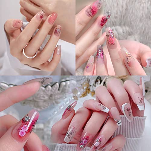 Adesivos de unhas de flor de cnjw decalques 6 folhas de primavera rosa 3d adesivos de unhas auto-adesivas flores rosa borbolefly