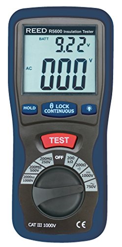 Reed Instruments R5600 Testador de isolamento e multímetro, resistência de 2000 ohms, tensão de 1000V, preto