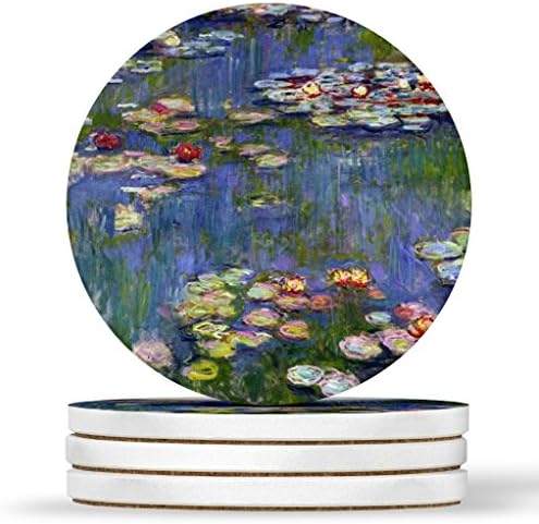 Lírios de água Claude Monet Design - Coasters redondos, arenito natural - Conjunto de 4
