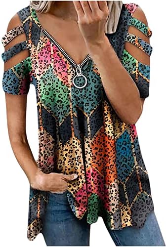 Bloco de cores do ombro frio do ombro feminino Bloco de cores Floral Zip Up Fit Loose Fit Fit Casual Top Tshirt Para Senhoras F0