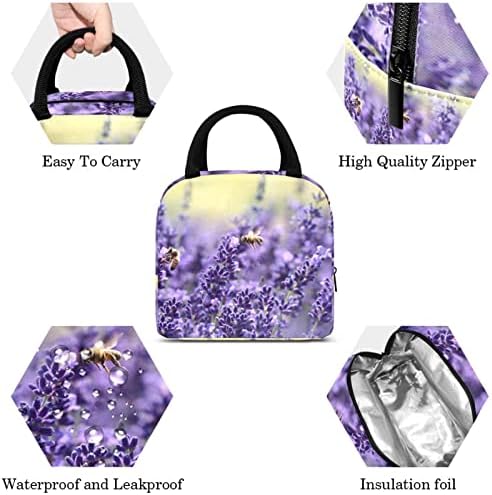 Lavanda Purple Flower Bees Paint Saco de lancheira Isolada Bolsa de piquenique ao ar livre Viagem de viagem Recipiente