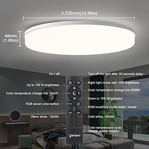 Luz de teto, luminária de teto de montagem LED com luminárias com remoto, 13 polegadas 36W 3600LM, RGB ROUNDA EMMIMABLE