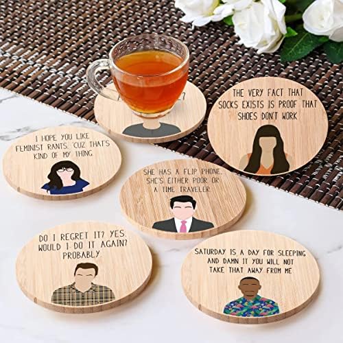 New Girl Bamboo Wood Coasters Conjunto de 6, montanhas -russas engraçadas para bebidas absorventes com suporte