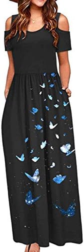 Vestido Badhub maxi para feminino, manga curta listrada estampa floral vestidos longos Empire cintura Vestido de
