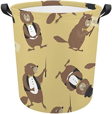 Adorável marmot cavalheiros cestas de lavanderia impressa com alças impermeáveis ​​roupas redondas dobráveis ​​Hampers Bag Storage