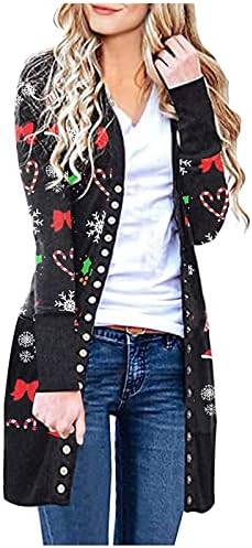 Overmal Women Fashion Fashion Christmas Imprimir botão de manga longa Cardigan Jacket