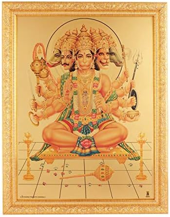 Foo de ouro de Panchmukhi Hanumanji em Golden Frame Big Decoração de parede religiosa