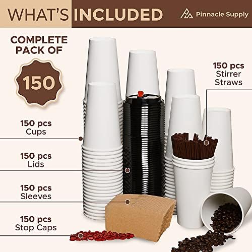 150 Pack 16oz xícaras de café descartáveis ​​com tampas, mangas e canudos - Para ir a xícaras de café 16 oz de papel branco - xícaras