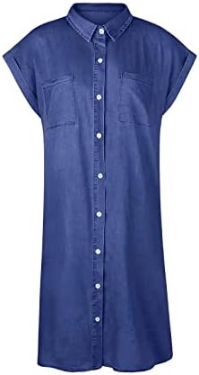 vestido de jeans feminina de lcziwo botão de manga curta para baixo vestido de blusa de blusa de jeans bolsos de