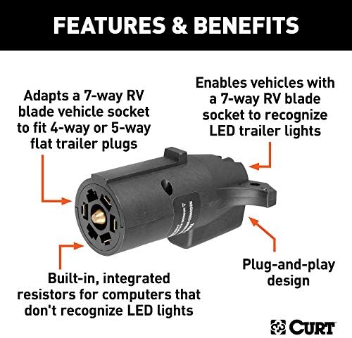 CURT 57004 Compatível com LED de 7 vias de RV Blade veículo do lado da fiação do trailer de trailer de 4 vias, preto