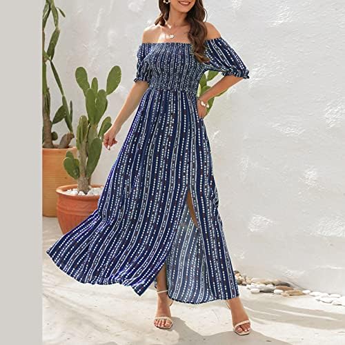 Vestido de verão floral feminino Floral Dress Square Neck Ofim de ombro de manga curta Smock uma linha Flowy Slit Maxi Long vestidos