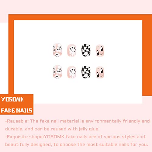 Yosomk Pressione quadrada fofa em unhas curtas unhas falsas com design de chama Graffiti Smile False Unhas Falsas cola